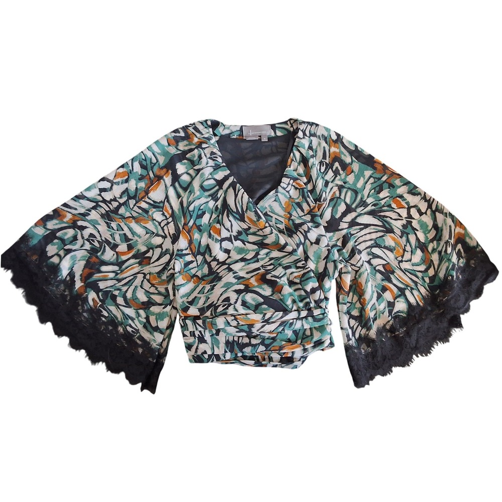 Anthropologie‎ M Abstract Print Lace Trim Flutter Sleeve Wrap Blouse Whimsygoth